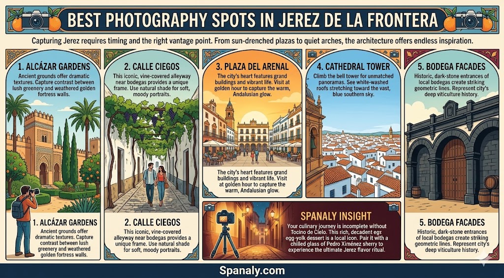 A colorful infographic highlighting the best photography spots in Jerez de la Frontera, including the Alcázar Gardens, Calle Ciegos, and Plaza del Arenal.