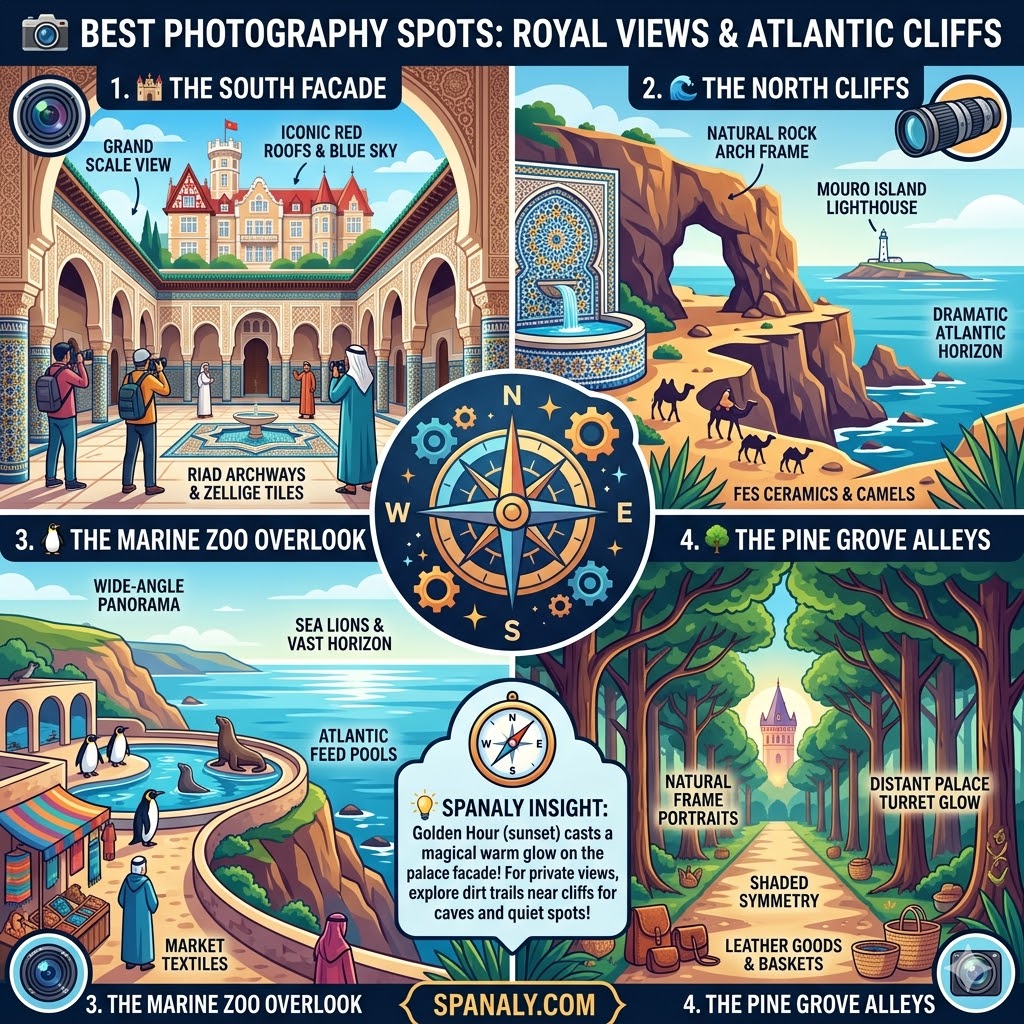 A colorful infographic by Spanaly highlighting the best photography spots at Magdalena Palace, including the South Facade, North Cliffs, Mouro Lighthouse view, and Biquinis Beach.