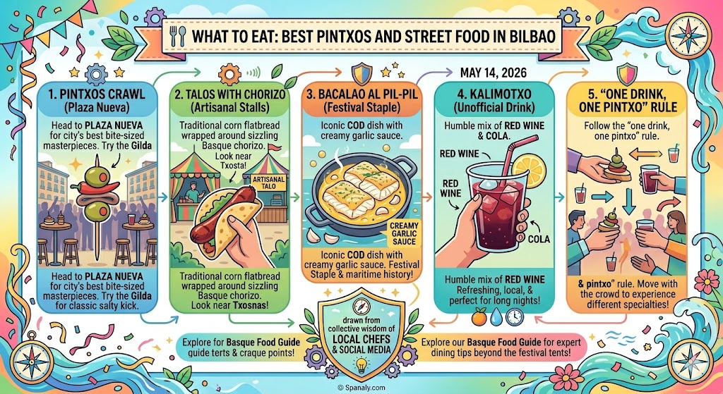 A colorful culinary infographic for Aste Nagusia in Bilbao featuring Gilda pintxos in Plaza Nueva, Talo with chorizo, Bacalao al Pil-Pil, and traditional Kalimotxo drinks.