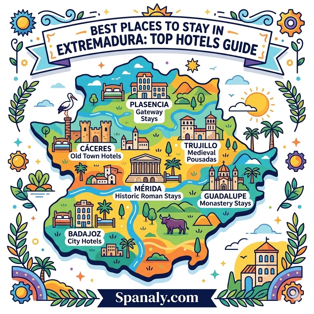Featured image map of the best places to stay in Extremadura, highlighting top hotels and accommodations in Cáceres, Mérida, Trujillo, Plasencia, Guadalupe, and Badajoz.