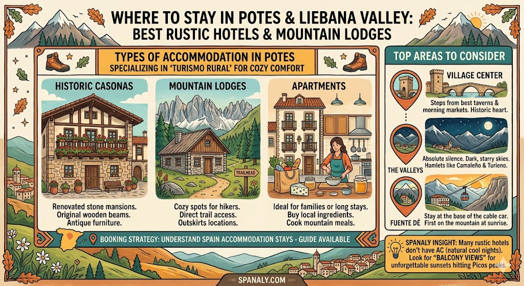 Infographic of where to stay in Potes and Liébana Valley, featuring historic stone Casonas, mountain lodges for hikers, vacation apartments, and top areas like Fuente Dé and village center by Spanaly.com