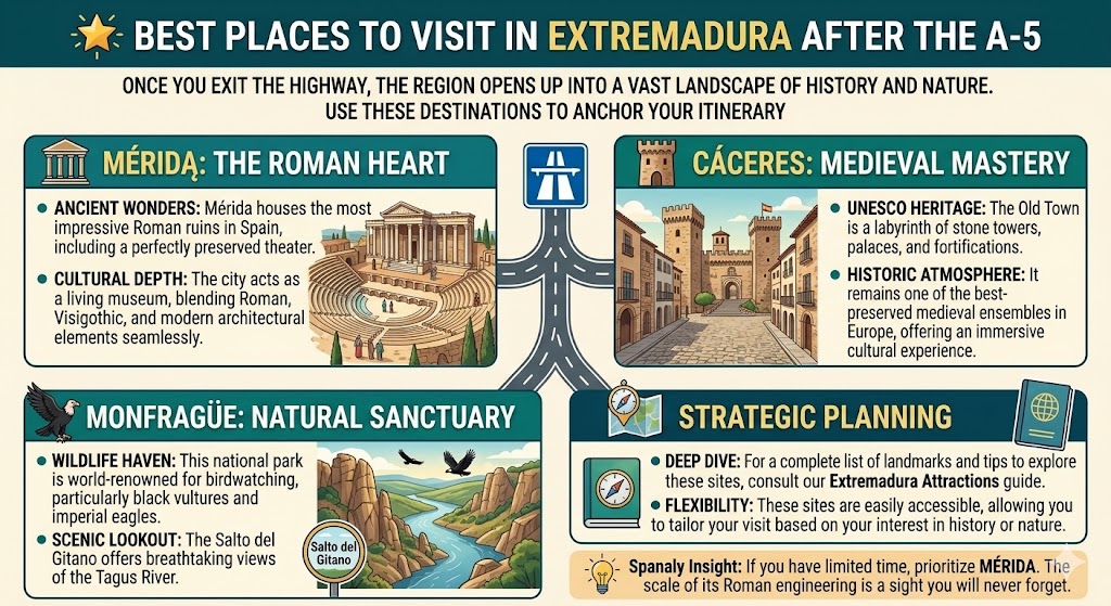 Infographic highlighting top tourist destinations in Extremadura after driving the A-5, including Mérida's Roman ruins, Cáceres' medieval town, and Monfragüe National Park.
