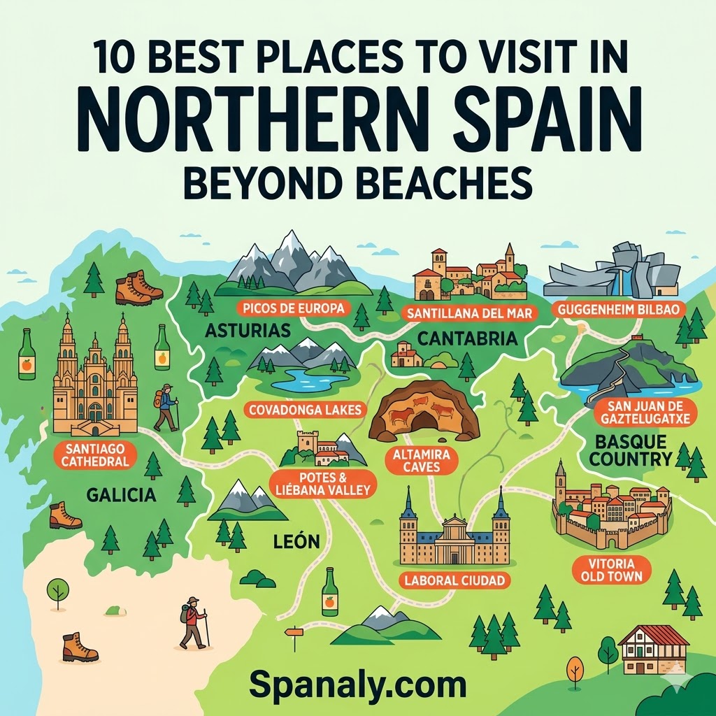 Illustrated map of the 10 best places to visit in Northern Spain beyond beaches, featuring landmarks in Asturias, Galicia, Cantabria, and Basque Country.