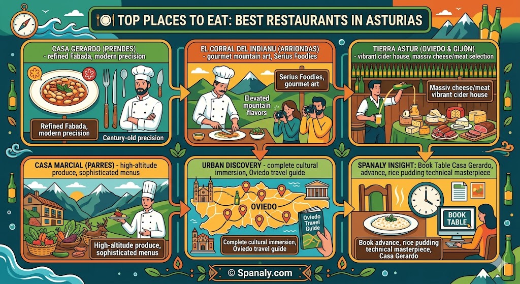 Infographic of top places to eat in Asturias featuring Casa Gerardo, El Corral del Indianu, Tierra Astur cider house, and Casa Marcial mountain restaurant.