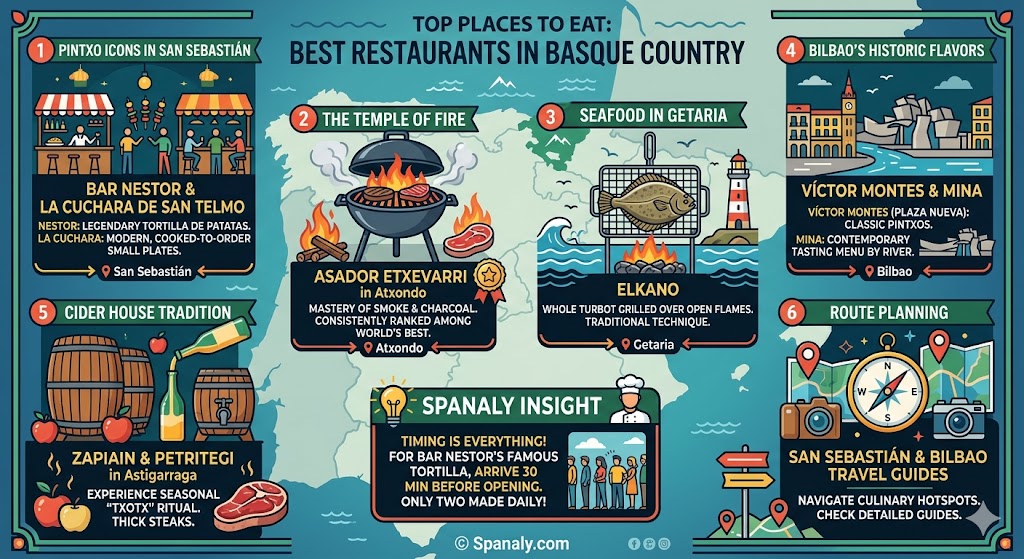Infographic guide to the best restaurants in the Basque Country, featuring Pintxo bars in San Sebastián, Asador Etxebarri, and traditional cider houses.
