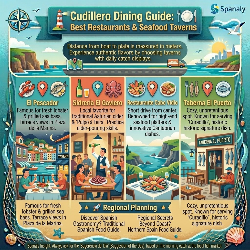 Infographic guide to the best restaurants in Cudillero Asturias featuring El Pescador, Sidrería El Gaviero, Cabo Vidio, and Taberna El Puerto for seafood lovers.