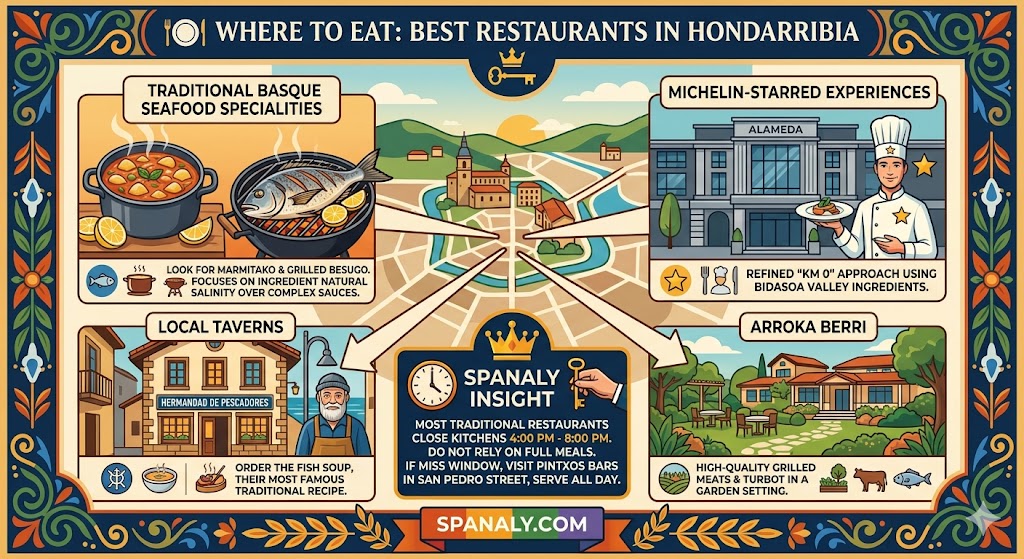 An expert infographic showcasing where to eat in Hondarribia, featuring traditional Basque seafood like Marmitako, Michelin-starred Alameda restaurant, and local taverns like Hermandad de Pescadores. Includes a Spanaly Insight on kitchen closing times and the Spanaly.com logo.