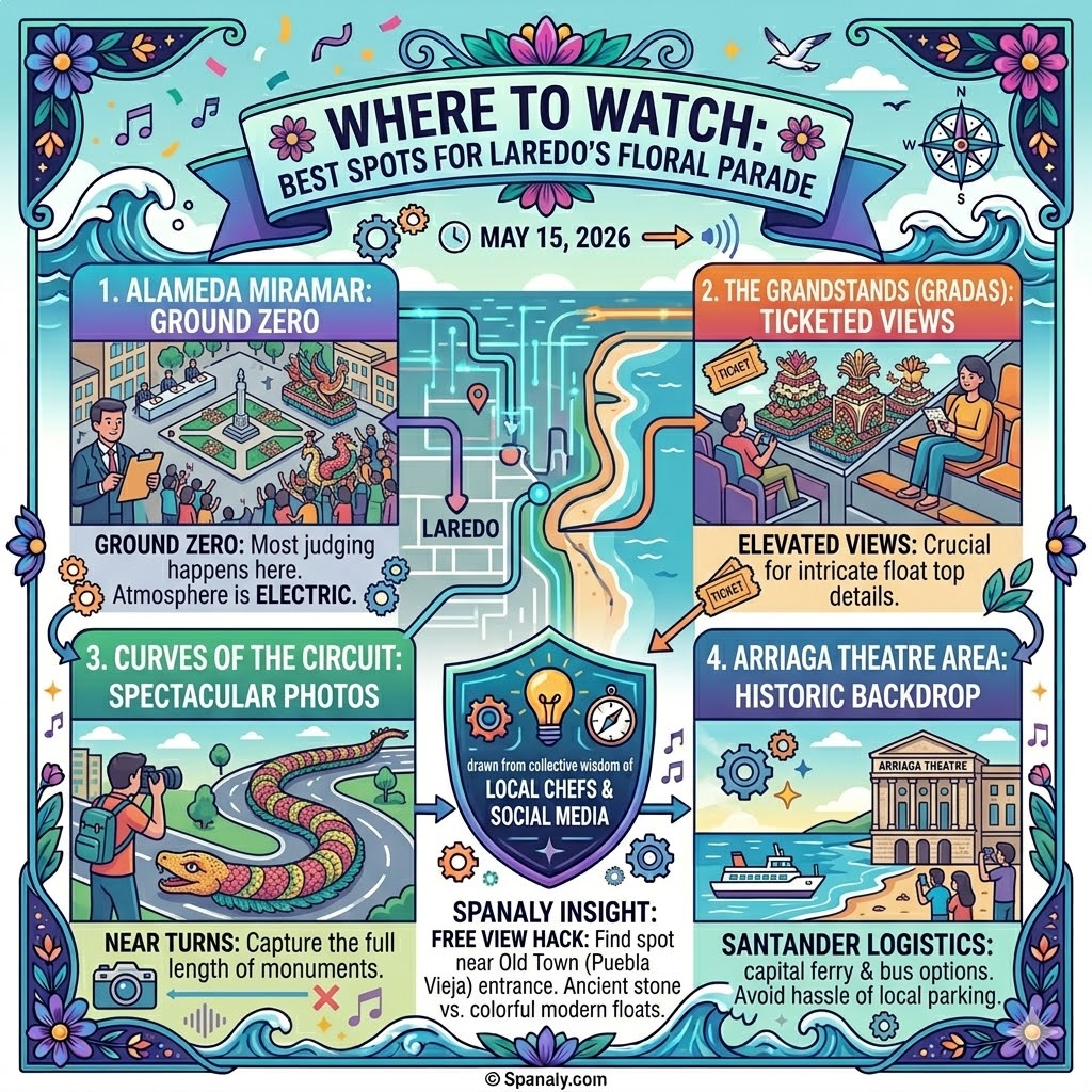 A strategic visitor map infographic showing the best viewing spots for the Battle of Flowers in Laredo, including Alameda Miramar, grandstands, and the Old Town entrance.