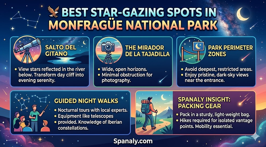 Infographic guide showing top stargazing spots in Monfragüe National Park, including Salto del Gitano, Mirador de la Tajadilla, and tips for guided night walks.