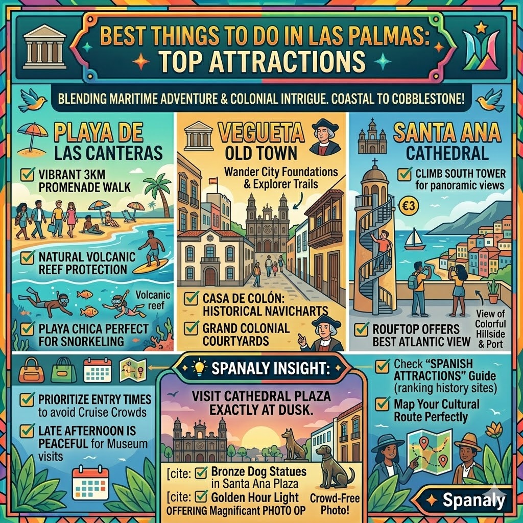 Infographic showing the best things to do in Las Palmas, featuring Playa de Las Canteras, Vegueta Old Town, and Santa Ana Cathedral.