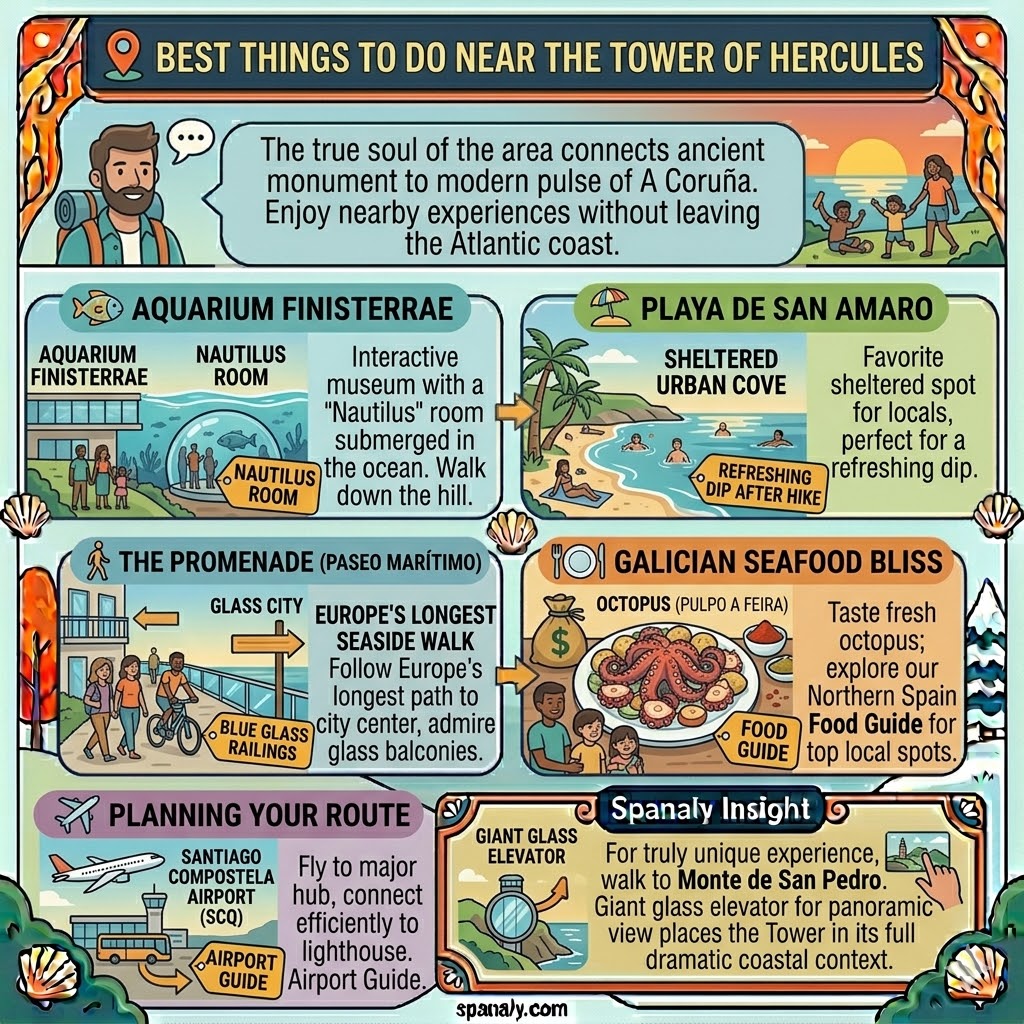 Infographic showing best things to do near Tower of Hercules including Aquarium Finisterrae, San Amaro beach, and Galician seafood.