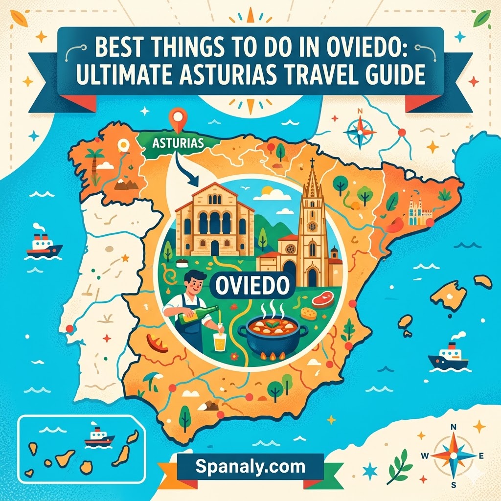 A colorful map of Spain highlighting Oviedo in Asturias with illustrations of the Cathedral, pre-Romanesque architecture, and traditional Galician cider.