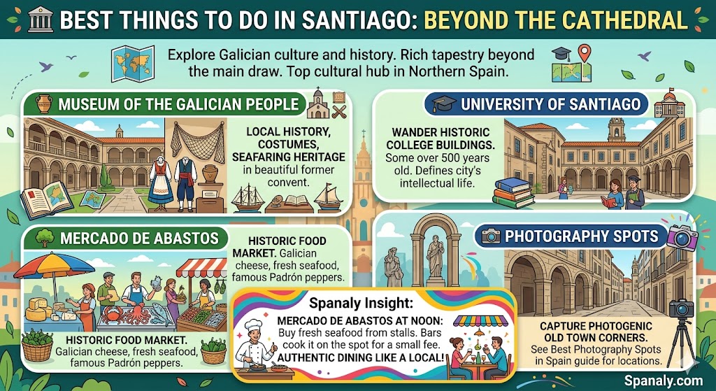 A colorful infographic highlighting top cultural things to do in Santiago de Compostela beyond the cathedral, including the Galician People Museum, Mercado de Abastos, the historic University, and key photography spots.
