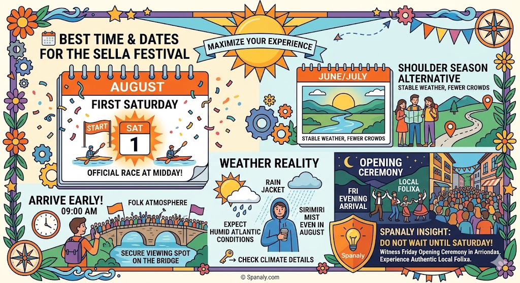 A colorful travel itinerary infographic showing the best dates for the Sella Festival in August, featuring arrival times in Arriondas, weather tips, and the Friday opening ceremony.