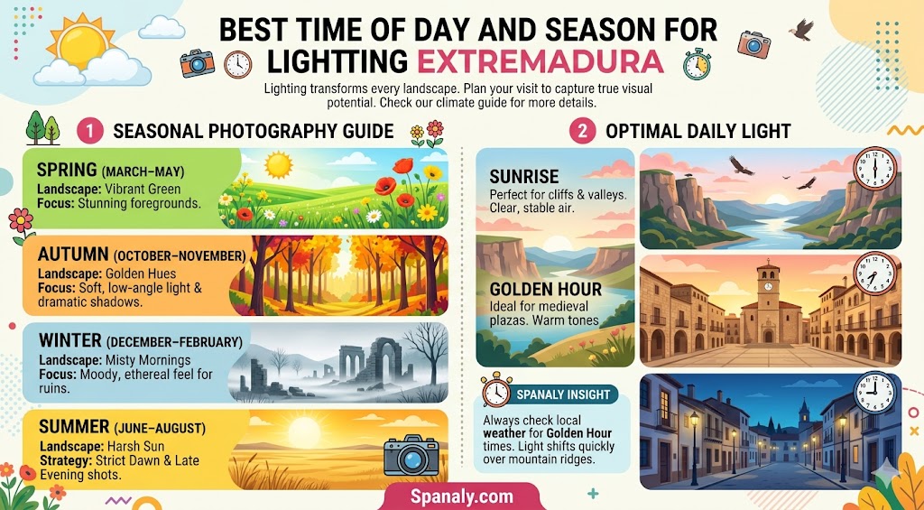 Infographic guide showing the best seasons and times of day for photography in Extremadura, including lighting tips for sunrise, golden hour, and blue hour.
