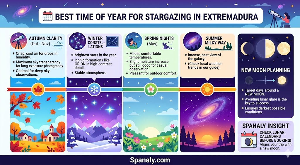 Infographic guide showing the best time of year for stargazing in Extremadura, detailing seasonal visibility for autumn, winter, spring, and summer, along with new moon planning tips.