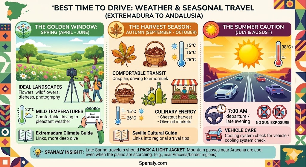 Infographic guide showing the best seasons to drive from Extremadura to Seville, detailing weather trends for spring, autumn, and summer, including essential travel and vehicle care tips.