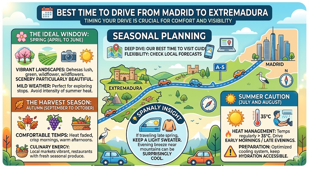 Infographic illustrating the best time to drive from Madrid to Extremadura, highlighting seasonal weather tips for spring, autumn, and summer travel.