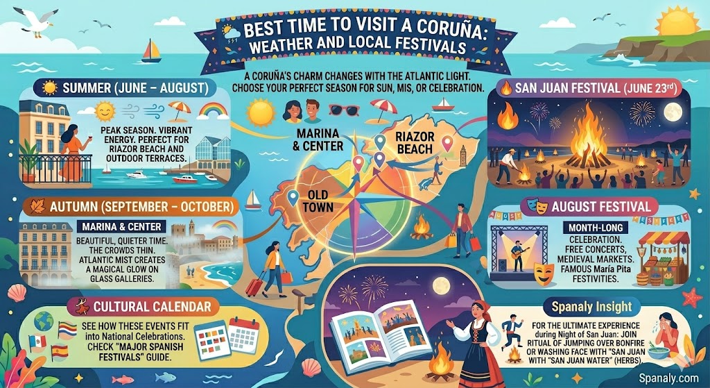 Infographic showing the best time to visit A Coruña, featuring summer beach days, San Juan bonfires on the beach, August festivals, and the magical Atlantic autumn mist.