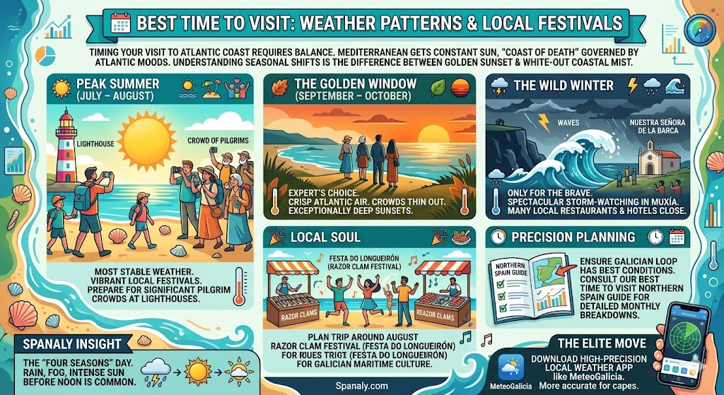 SEO infographic for the best time to visit Costa da Morte, Galicia, showing summer crowds, the golden autumn window, winter storm watching, and the Razor Clam Festival by Spanaly.com