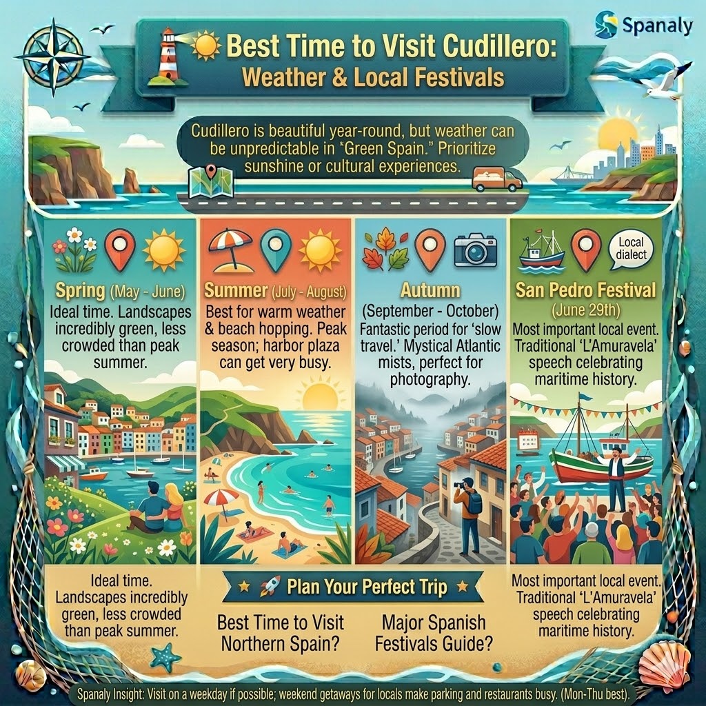 Infographic showing the best time to visit Cudillero Asturias by season including Spring landscapes, Summer beaches, Autumn photography, and San Pedro Festival.