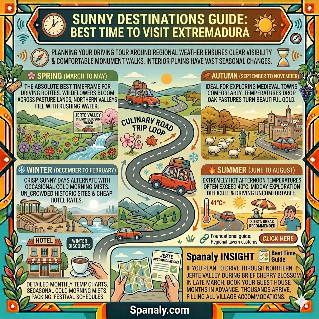 An seasonal travel infographic showing the best time to visit Extremadura for a driving tour, featuring weather conditions and travel tips for spring, autumn, winter, and summer.