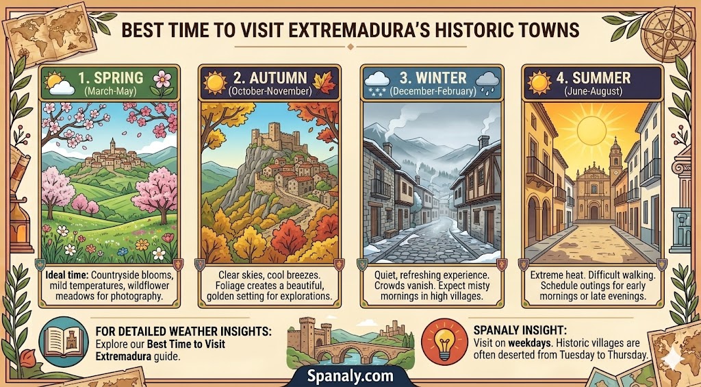 Infographic guide showing the best time to visit historic villages in Extremadura by season, including recommendations for spring, autumn, winter, and summer travel.
