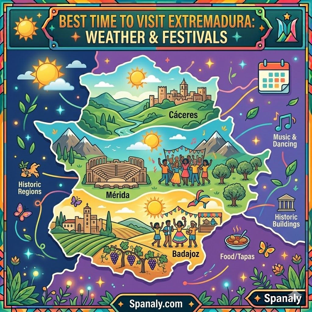 Epic infographic map featured image for the best time to visit Extremadura, showcasing regional weather trends, historic landmarks, and traditional cultural festivals.