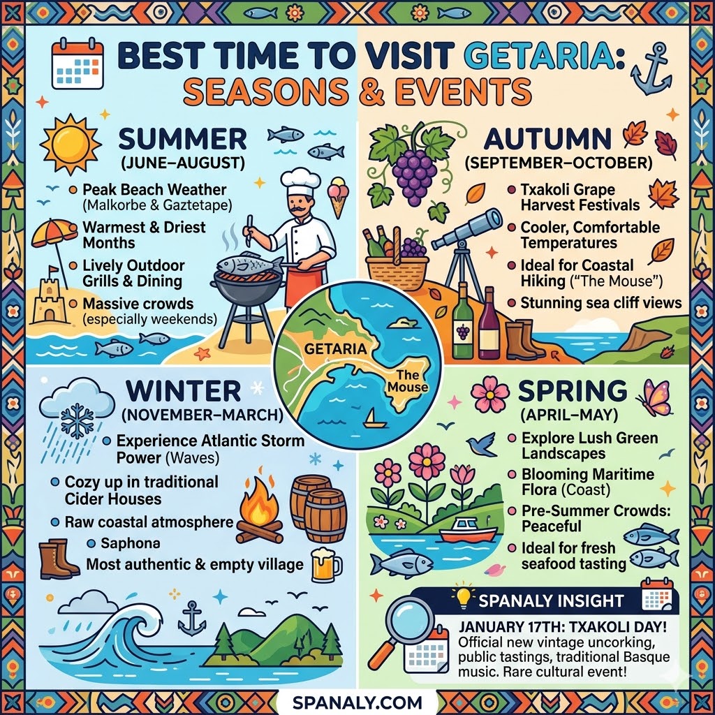A colorful 1024x1024 infographic guiding visitors on the best time to visit Getaria, broken down into four seasons: Summer (beach, grills), Autumn (harvest, hiking), Spring (blooms, peace), and Winter (storms, cider). Includes the Spanaly Insight about Txakoli Day on January 17th.