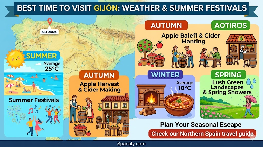 Infographic of the best time to visit Gijon showing summer festivals at 25°C, autumn apple harvest, winter fabada season, and lush green spring landscapes.
