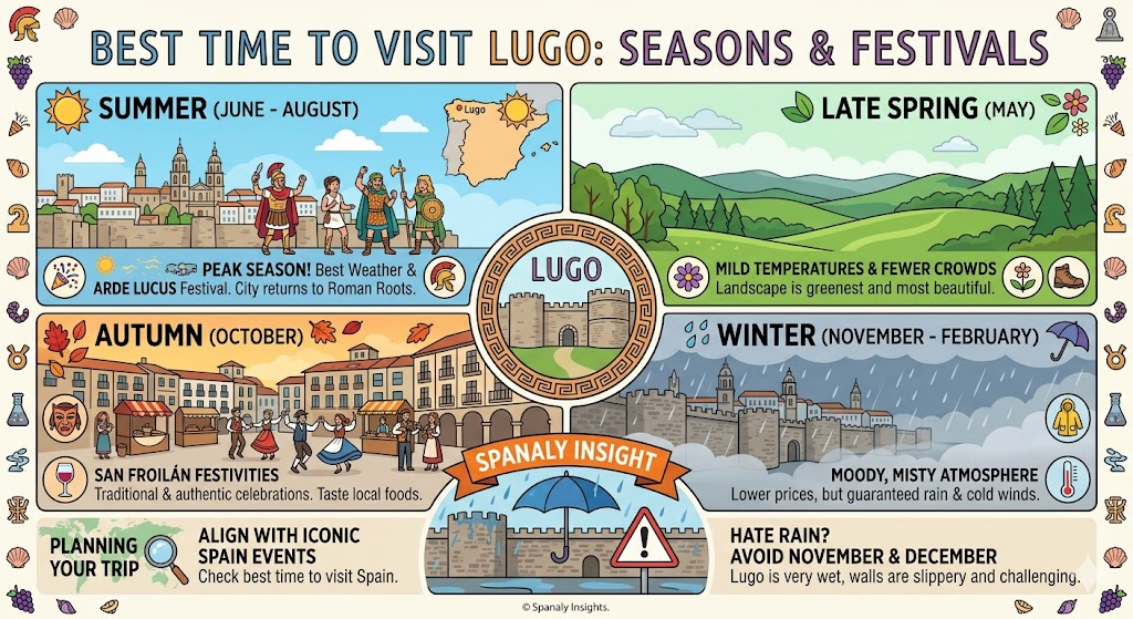Detailed seasonal infographic of the best time to visit Lugo, Spain, featuring Arde Lucus in summer, San Froilán in autumn, and tips for rainy winters.