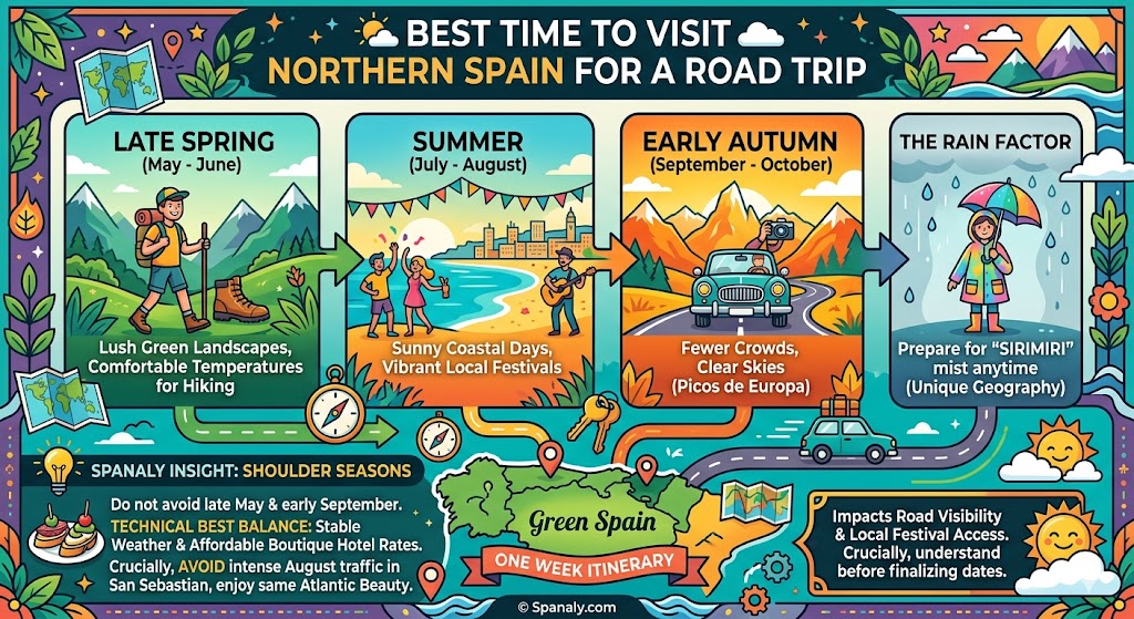 A seasonal infographic guide illustrating the best time to visit Northern Spain for a road trip, with panels for Late Spring, Summer, Early Autumn, and the Rain Factor.