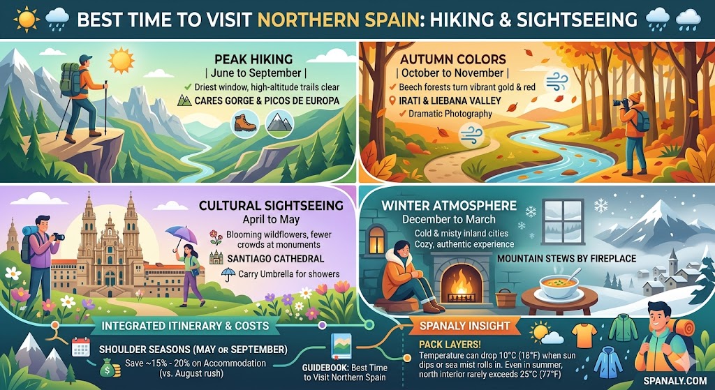 SEO infographic showing the best time to visit Northern Spain for hiking in Picos de Europa, autumn colors in Irati forest, cultural sightseeing in Santiago, and winter mountain atmosphere by Spanaly.com