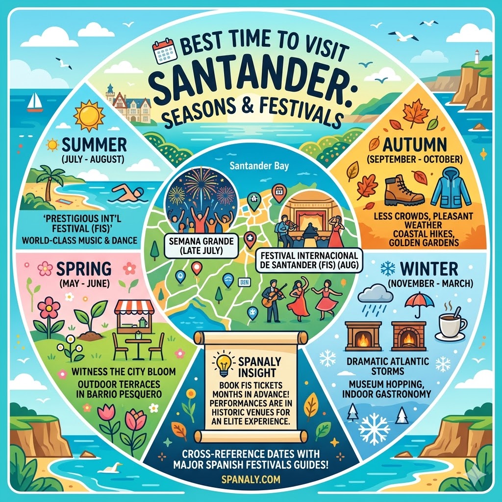 A colorful infographic detailing the best time to visit Santander across four seasons, featuring Semana Grande, FIS Festival, and seasonal travel tips.