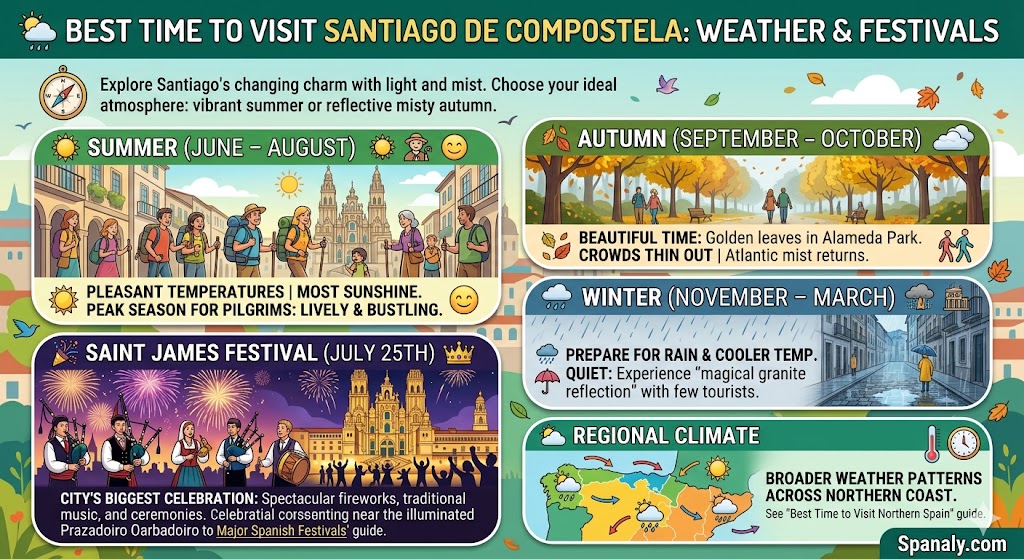 Infographic showing the best time to visit Santiago de Compostela, featuring summer sunshine and pilgrims, autumn golden leaves, winter rain reflections, and the Saint James Festival fireworks.