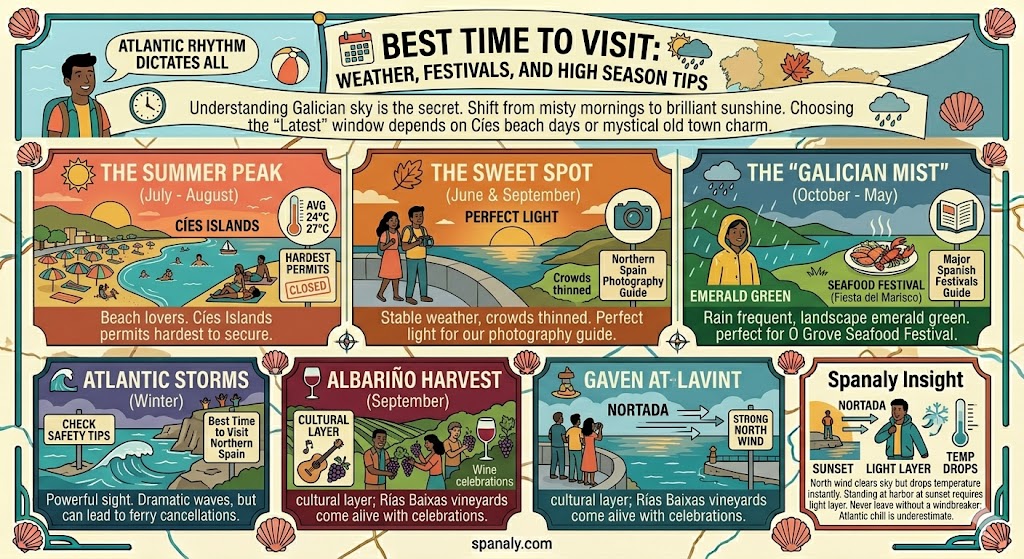 Infographic showing the best time to visit Vigo featuring summer beach weather, Albariño harvest in September, and local festivals.