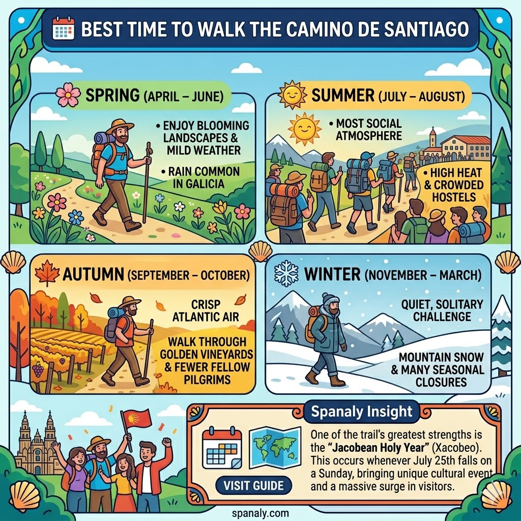 Seasonal guide infographic for Camino de Santiago showing best months to walk in Spain from Spring to Winter.