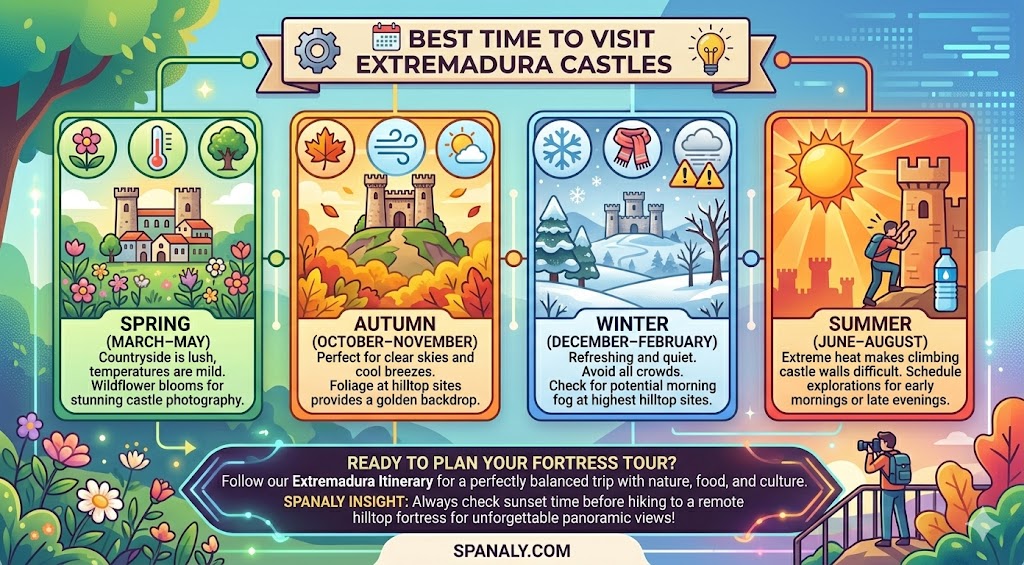 An infographic guide showing the best seasons to visit Extremadura's castles, featuring tips for spring blooms, autumn foliage, and strategies for summer heat.