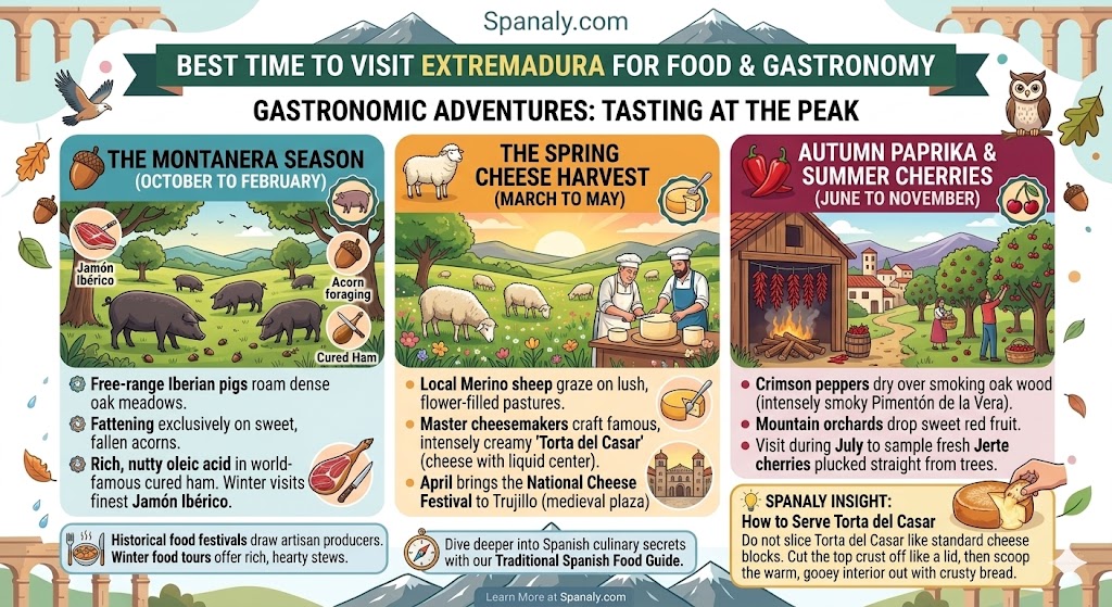 Infographic guide to Extremadura food and gastronomy seasons, featuring Montanera pork foraging, the spring cheese harvest in Trujillo, and autumn paprika.