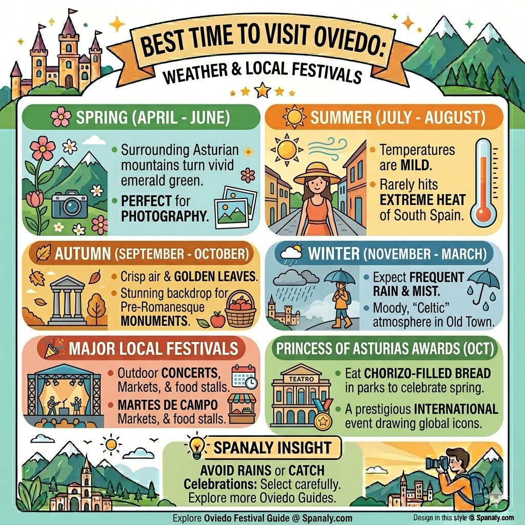 Infographic of best time to visit Oviedo Asturias featuring seasonal weather, San Mateo festival, Martes de Campo, and Princess of Asturias Awards in Spain.