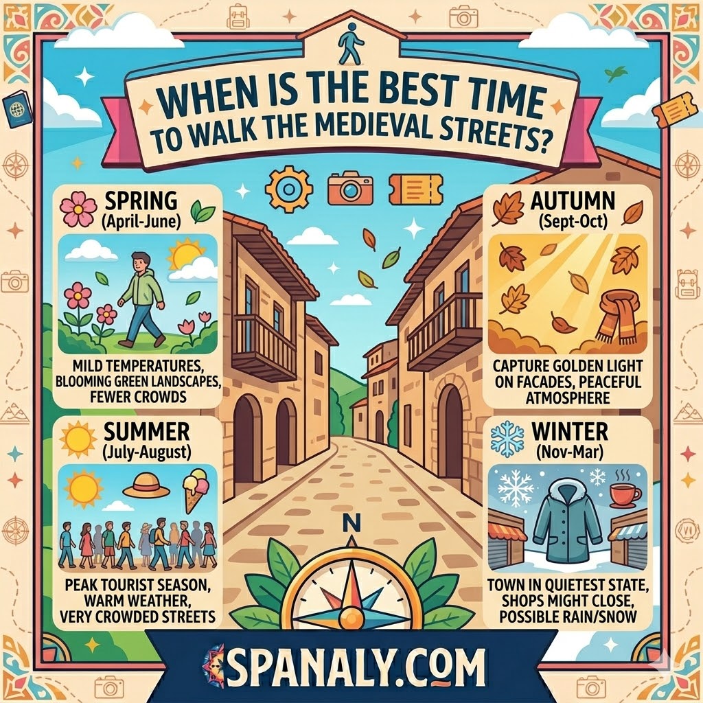Colorful infographic showing the best time to visit Santillana del Mar by season, from spring to winter.