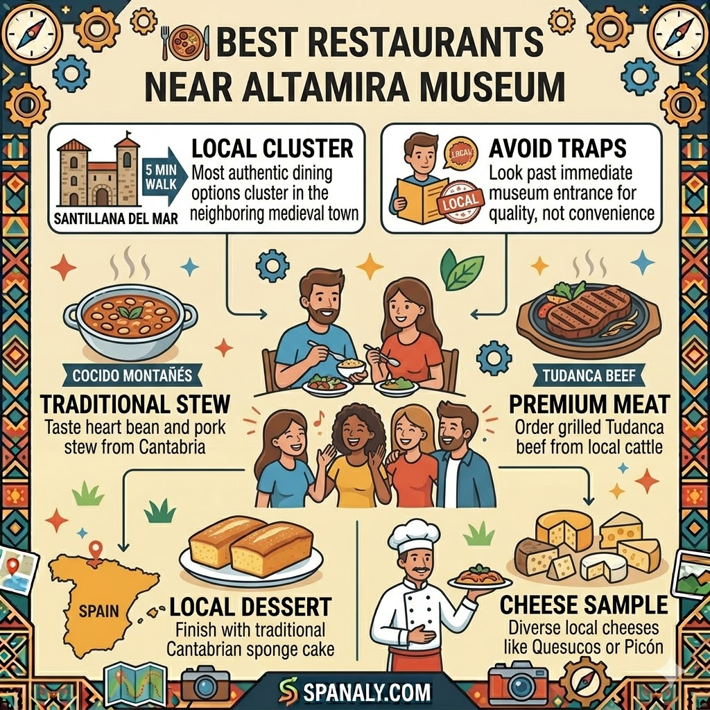 A colorful infographic showcasing traditional Cantabrian cuisine and best dining options near Altamira Caves in Santillana del Mar.