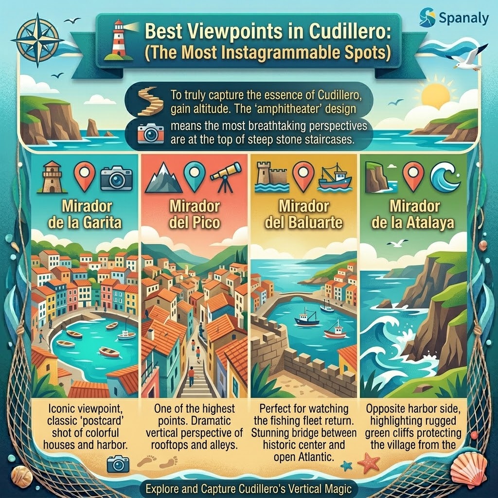 Infographic of the best viewpoints in Cudillero Asturias featuring Mirador de la Garita, Mirador del Pico, Baluarte, and Atalaya for Instagram photography.