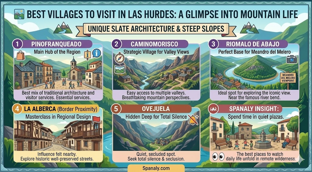 An infographic guide highlighting the best villages to visit in Las Hurdes, Spain, featuring traditional slate architecture, scenic mountain locations, and travel tips.