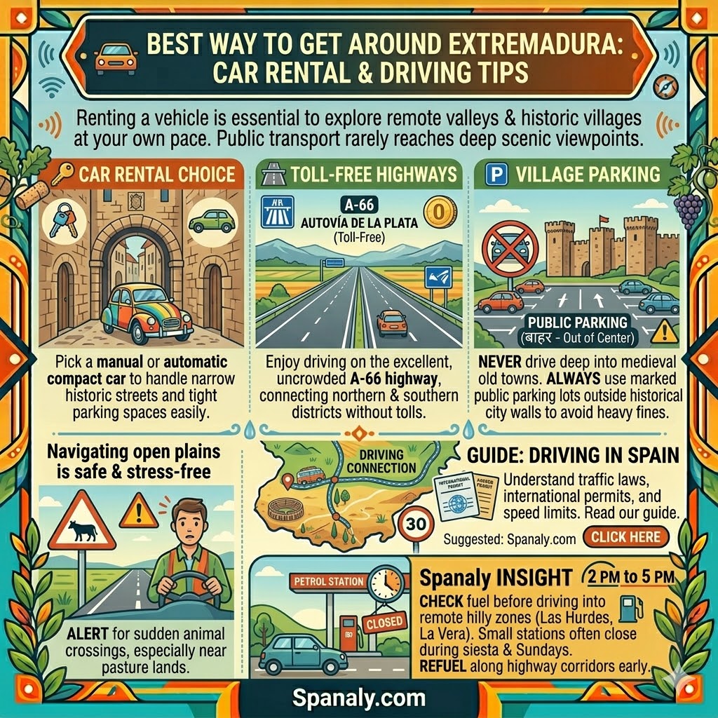 best-way-get-around-extremadura-car-rental-driving-tips.png Alt Text: An informative travel infographic sharing car rental and driving tips for Extremadura, featuring compact car selection, the toll-free A-66 highway, outside village parking, and fuel management tips.