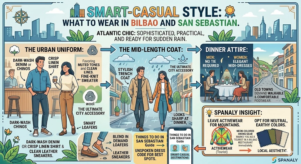 Infographic for smart-casual fashion in Bilbao and San Sebastian featuring Atlantic Chic outfits like trench coats and loafers.
