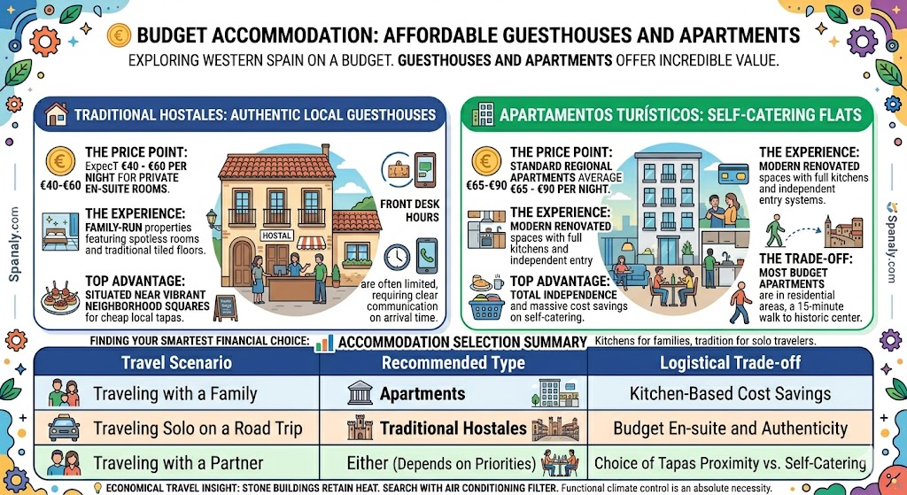 Infographic guide to budget accommodation in Extremadura, comparing traditional hostales and apartamentos turísticos with prices, benefits, and economical travel insights.