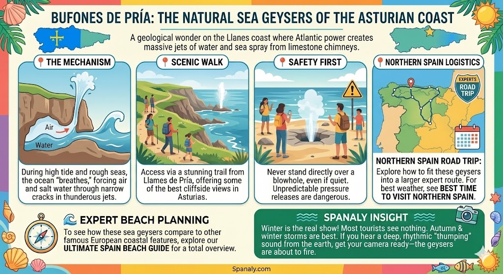 Infographic guide to Bufones de Pria sea geysers in Asturias showing blowhole mechanism, coastal hiking trails, and safety tips for visiting natural blowholes.