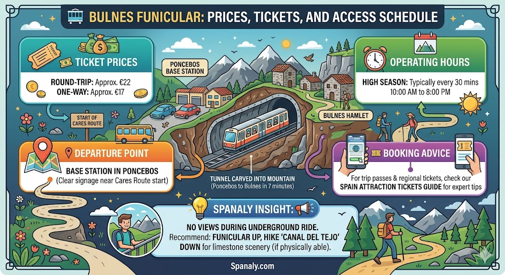 Infographic of the Bulnes Funicular in Asturias showing ticket prices operating hours and departure point logistics.