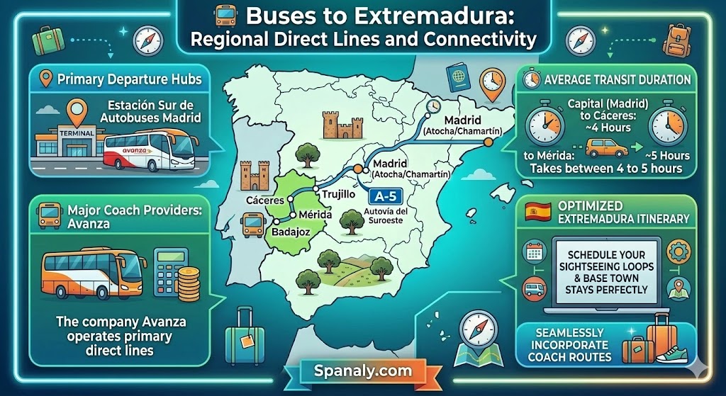 Regional bus routes infographic map showing Avanza coach connections from Madrid Estacion Sur to Extremadura